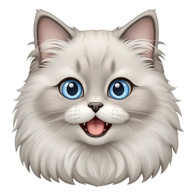 cinematic-adorable-big-eyed-fluffy-grey ragdoll-cat-portrait-emoji,-head-tilted-playfully-with-a-cute,-yawn,-white and grey fur,-simplified-yet-irresistibly-cute-features, blue eyes sticker
