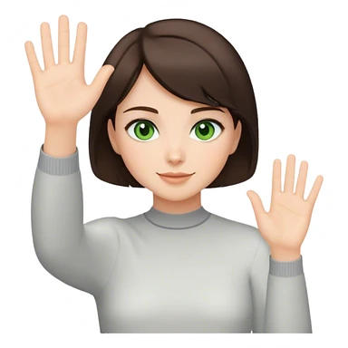 brunette girl with short hair and green eyes waving greeting sticker