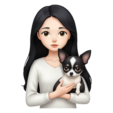A girl with fair skin, long black hair, white clothes, gently, with her head tilted, holding a black Chihuahua tightly in her hands sticker