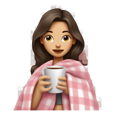 cute brunette girl wrapped in pastel pink plaid blanket drinking coffee sticker