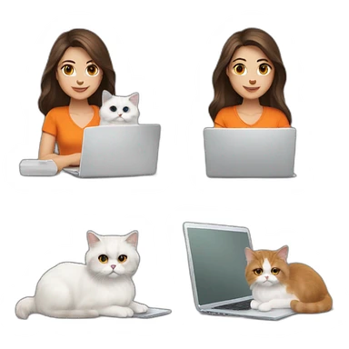 medium length hair brunette with laptop and with white and orange persian cat sticker