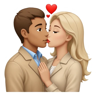 A man in pale beige clothes and a woman in pale beige clothes are kissing with white hearts sticker