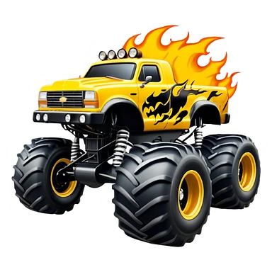 Maximum Destruction - Monster Jam (Model Year: 2021) (Iconic colour: Yellow with black flames) - A ferocious monster truck featuring a vivid yellow base accented by dramatic black flame patterns. Emphasize sharp, high-contrast flame streaks across the body, creating a look of aggressive, explosive energy. sticker