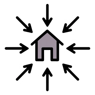 House with multiple arrows pointing inward from all directions, symbolizing environmental influence on behavior sticker