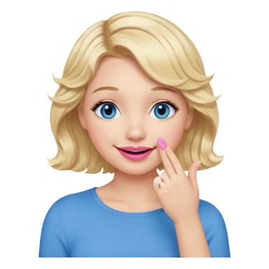 Girl Blonde short wavy hair,  blue eyes, cute blue top, long lashes, pink lips, smiling, hand covering the mouth sticker
