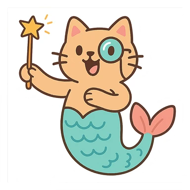 half cat half mermaid with a monocle and a magic wand in pastel toon style sticker