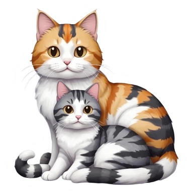 full body colourful light patched calico + white tabby cat cuddling a bigger cat that is dark grey and white tabby cat  sticker