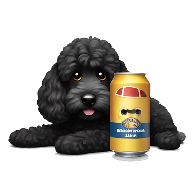 Black cockapoo lying down next to a can of beer sticker