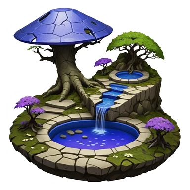 Crashed Alien saucer pool-castle jungle winding footpath mountainside getaway haunted nighttime landscape antique mudman very old broken cracked intricate Stone Age lapis-crusted irregular dodecagon-shaped shallow dark moss rough bark violet flowered maple tree bonsai sticker