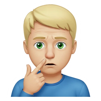 a emoji with two fingers in his nose, make him have a natural white skincolour and blonde hair, blue/green eyes, put the fingers in his nose, its a man and he needs two fingers IN his nose sticker