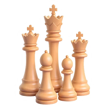 three chess pieces (rook, knight, bishop) made of light maple wood with a glossy finish, 3D, arranged together sticker