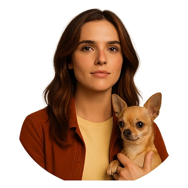 Create a centered portrait for an Instagram profile image inspired by the facial features visible in the reference images of Zoe Deutch. The subject has a tanned complexion with subtle freckles, wearing a shirt in color #FFF8CA and a rust-colored jacket. Hair is medium-length brown with auburn highlights. The expression is proud and confident. The subject is holding an expressive and cute beige-brown chihuahua. The style is inspired by a Netflix series with an intimate and expressive atmosphere reminiscent of Tenerife. The background should be transparent. sticker