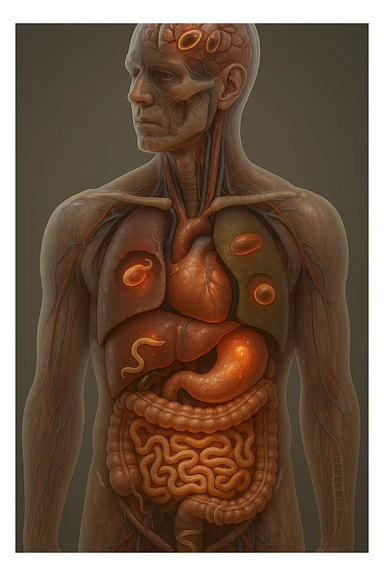 Vertical, hyper-realistic 3D cutaway illustration: the human body is shown in semi-transparent layers, exposing various types of parasites (tapeworms, roundworms, protozoa) inside the digestive tract and other organs. The parasites are rendered in vivid detail, with realistic lighting and shadows. Key areas of infection are highlighted sticker