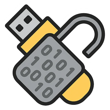 USB drive tilted down-left merged with the body of a broken lock forming a single transparent object in gray and black tones, with clear gray 1s and 0s inside the merged shape sticker