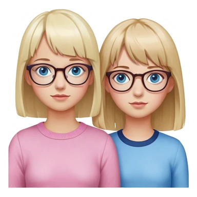 Can you make two girls, one tall one with, glasses blue eyes and blond shoulder length hair and bangs, and one with glasses, short pink hair, brown roots and blue eyes and bangs. sticker