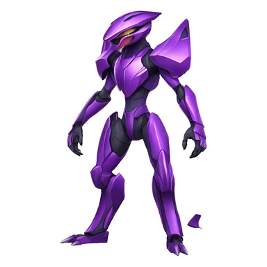 a shiny purple Genesect-Raptor-Fakémon—hybrid with a futuristic visor-helmet full body sticker