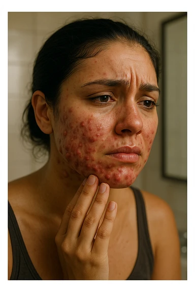 A highly realistic, cinematic portrait of a young woman in her late 20s with medium skin tone, showing visibly inflamed, deep cystic acne along her jawline, cheeks, and chin. Her skin appears red and irritated around the acne nodules, with noticeable swelling and tenderness, illustrating the painful nature of cystic acne linked to PCOS. Her facial expression shows discomfort and emotional distress, with slightly teary eyes as she gently touches an inflamed area on her jawline with her fingertips. Her hair is pulled back to clearly show the acne areas, and her skin has a slightly oily texture due to androgen-related sebum overproduction. The environment is a softly lit bathroom with neutral daylight, emphasizing the skin texture, redness, and deep acne. The style is realistic, 35mm cinematic photography with warm, neutral tones, soft shadows, and clear skin detail, providing a compassionate yet direct visualization of PCOS-related cystic acne sticker