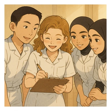 Même scène, mais avec une lumière douce et des expressions joyeuses, style Ghibli, uniformes blancs à manches courtes, col en V, poche poitrine gauche, pas de col ni stéthoscopes, pas de tissus sous les manches. Collaboration visible entre les quatre étudiants infirmiers. sticker