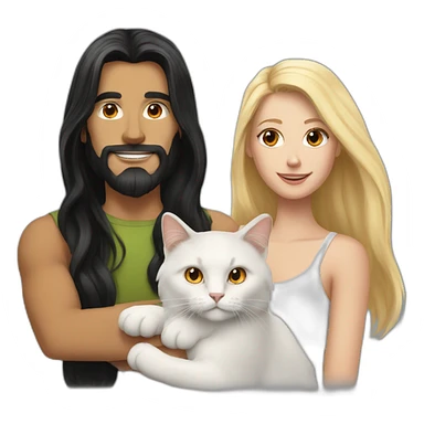 A white man with long black hair, Blonde white woman holding an orange and white cat with long hair sticker