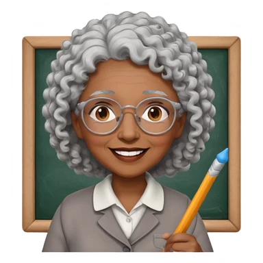 old woman teacher, brown skin, curly grey white hai, wearing glasses, hold chalk on hand sticker