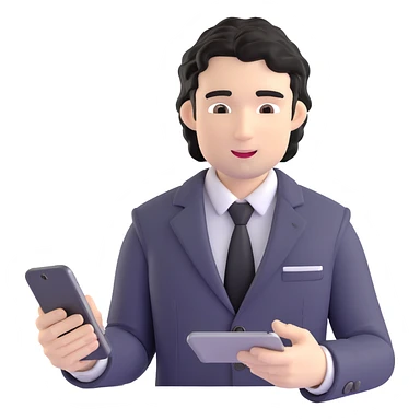 Business strategist with black wavy hair, stubble, chiseled face, wearing blazer and button-up shirt, working on digital devices, surrounded by data visualizations and AI technology, innovative tech-savvy expression sticker