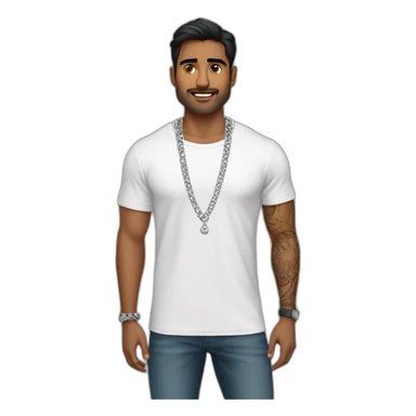 A strong Indian man wearing men silver chain,styled on a Full sleeve tshirt sticker