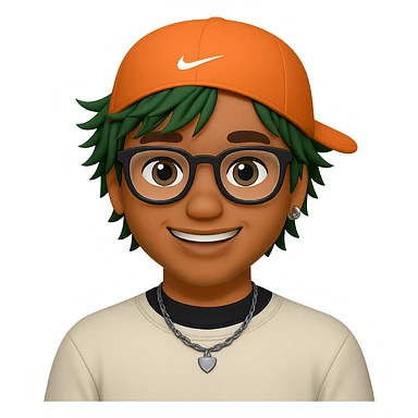 Make the orange cap's visor clearly visible on the back of the head, add more messy green hair in front, and put a small Nike logo on the front of the cap. Keep the street style and big smile. Transparent background. sticker