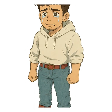 1 male, mid fade haircut dark chestnut brown curly hair, toasted lightskin, white hoodie sleeves up, fashion jeans, red fashion-sneakers shoes, red belt, short trimmed beard and goatee,  style of deku from "my hero academia", FACIAL EXPRESSION IS VERY SAD, TEARS WELLING UP sticker