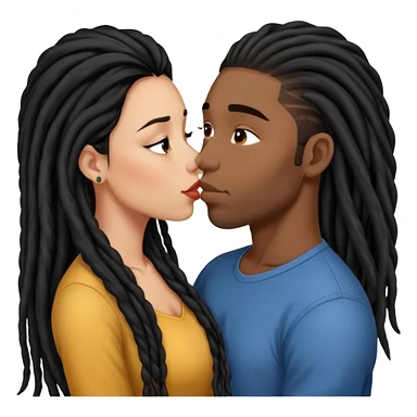 Latina Woman with long hair kissing a young black guy with dreads no beard sticker