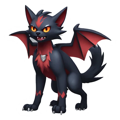   cool edgy beautiful fantasy anime-style dark animal vampiric Litten-Zoroark-Nargacuga-cat-hybrid Fakemon with big fangs and bat-ears full body sticker