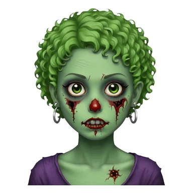 faça uma cabeça verde de zumbi femenina, com im cabelo curtinho cacheado, piercing no nariz, e brincos na orelha e várias cicatrizes, deixe ela macabra sticker