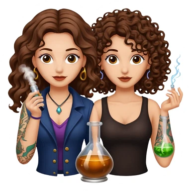 potion combo success — long wavy brown hair tattooed woman and short tight curly brown hair woman — vial connect sticker