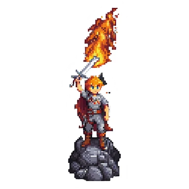 a boy with a flaming sword standing on a volcano, pixel art style sticker