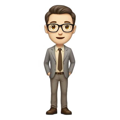 Full height Actively Gesturing Pale skinned fit man with dark brown hair in gray jacket, beige office shirt, brown tie, brown pants and vintage glasses. sticker
