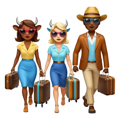 generate an emoji of a group of up to 8 male and female bulls travelling together on holidays. One bull has a suitcase, one has sunglasses, one is carrying a cocktail. They're all in motion, walking together. Make the characters look like bulls. They wear summer clothes. Suitcases are colourful sticker