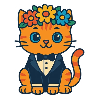 A kitten in a tuxedo with a flower crown sticker