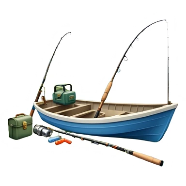 Icon for Fishing: a fishing boat by a water body with a beautiful nature backdrop, a spinning rods, fishing boots, and a fishing tackle box. The icon should evoke the peaceful and adventurous spirit of fishing. Transparent background. sticker