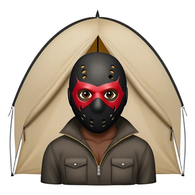 dark skinned black man standing in front of tent with a jason mask sticker