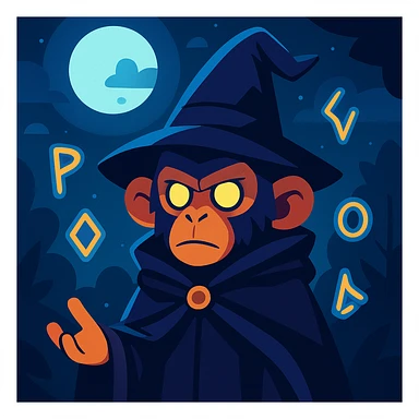 mysterious wizard monkey, dark cloak, floating magical runes, moonlight sticker