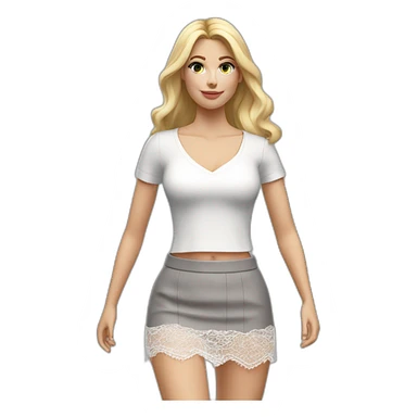 hyperrealistic caucasian long blonde woman white v-neck lace top gray tight mini skirt walking to camera sticker