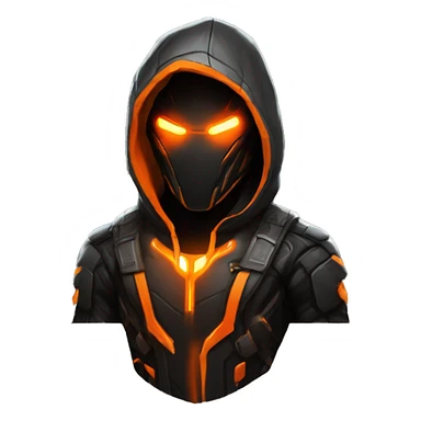  developer behind his laptop with this style : crysis Cyberpunk Valorant orange glowing bright orange character orange black hooded assassin themed character sticker