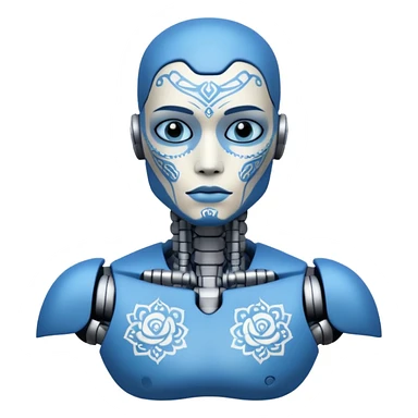 blue Tatooed robot, big many tatooes on chest, neck and face, white tatoo on face sticker