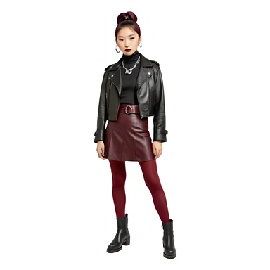 Apple emoji style. Full-body East Asian woman with a single sleek bun below the ears. Oversized hip-length black leather jacket, black turtleneck, silver Vivienne Westwood orb necklace. Low-waist A-line burgundy leather skirt, burgundy tights, red long boots. sticker