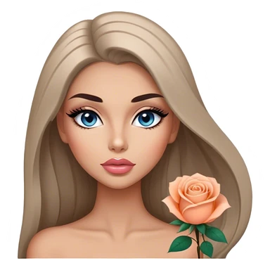Glamours, tanned, very beautiful girl, with big pump peach-beige-rose lips, long long lashes, black straight smooth silky long hair, straight parting hair, blue-grey eyes sticker