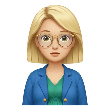 pregnant blonde 18-year old with golden glasses in a bright blue dress and a dark green jacket on top of the blue dress standing sassily sticker