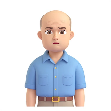 Carl from Sling Blade, stern look, chin protruding, slouch, no glasses, collared shirt, three-quarter face angle, full standing body, head pushed forward, emoji style sticker