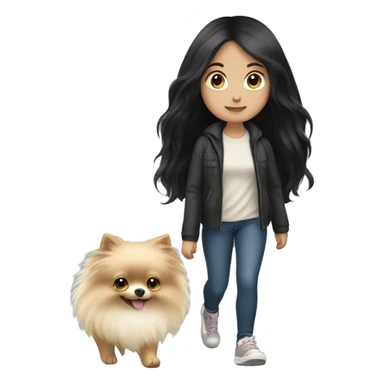 pale girl with long black hair walking with pomeranian sticker