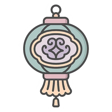 Chinese lantern like the reference with carved ornament and decorative fringe, in icon-color-outlined style. Not minimalist, no floral decor, detailed shadows and highlights, thin clean contours, soft rounded shapes, pastel palette #98B5BC, #B5B3C1, #C9A3C9, #E4C0CA, #F7DCD1, #F7C0AA. Modern Japanese pop art and sticker aesthetics, high detail, vector sharpness, soft lighting, transparent background. sticker