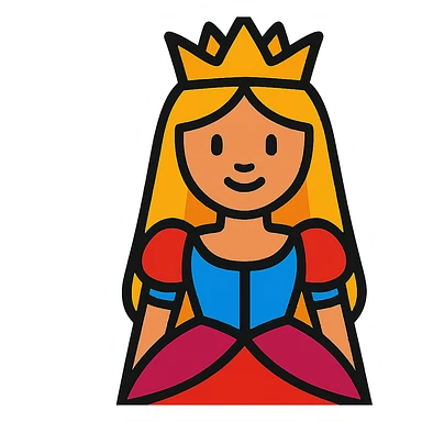 cartoon-style princess emoji with long hair, wearing a golden crown, smiling softly, dressed in a royal gown, vibrant toon style sticker