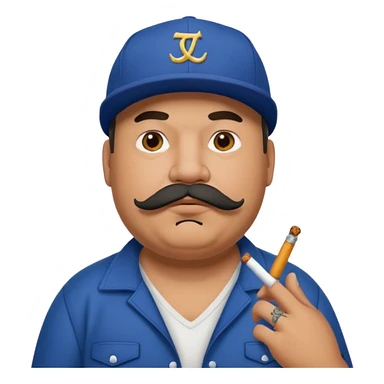 a fat dad in a hip hop cap with a tattoo, a cigarette in his mouth, and a mustache. sticker
